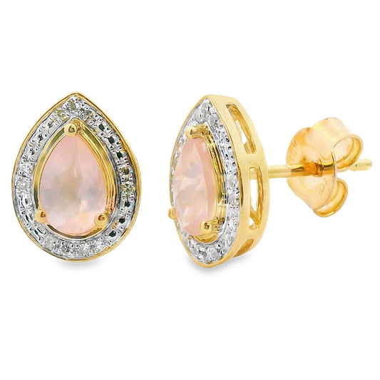 Pendientes Colgantes de Cuarzo Rosa y Diamantes Oro Amarillo de 10 K
