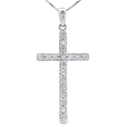 Colgante de cruz religiosa con diamante de 0,25 ct en oro blanco de 14 kt