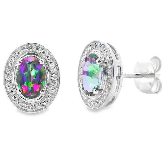 Pendientes de topacio místico de fuego con diamantes de oro blanco de 10 kt