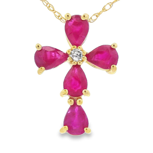 Colgante religioso de cruz con rubí y diamante en oro amarillo de 10 quilates