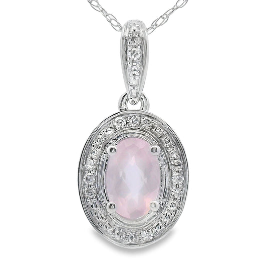 Colgantes de moda de cuarzo rosa y diamante, oro blanco de 10 quilates