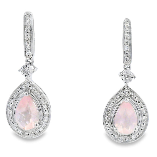 Aretes Colgantes de Cuarzo Rosa y Oro Blanco de 10KT