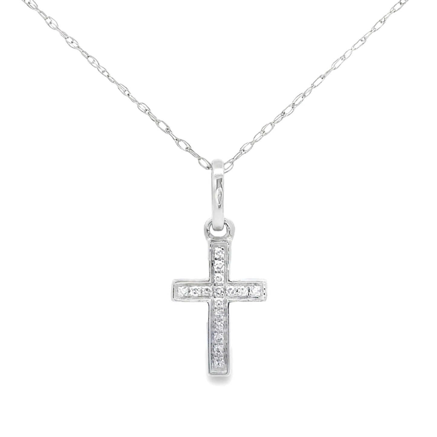 Colgante de cruz religioso con diamante de .05 ct en oro blanco de 14 kt