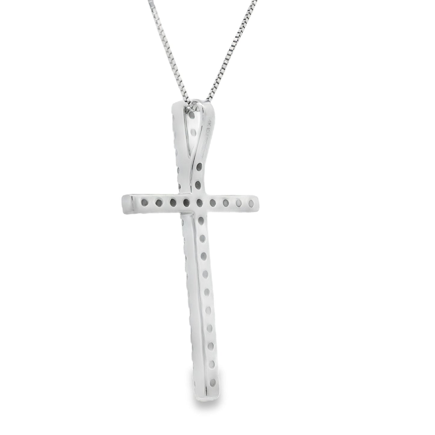 Colgante de cruz religiosa con diamante de .38 ct en oro blanco de 14 K