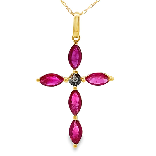Colgante religioso de cruz con rubí y diamante en oro amarillo de 10 quilates