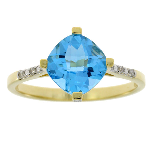 Anillo de oro amarillo de 10 KT con topacio azul de 1,20 qt y diamante