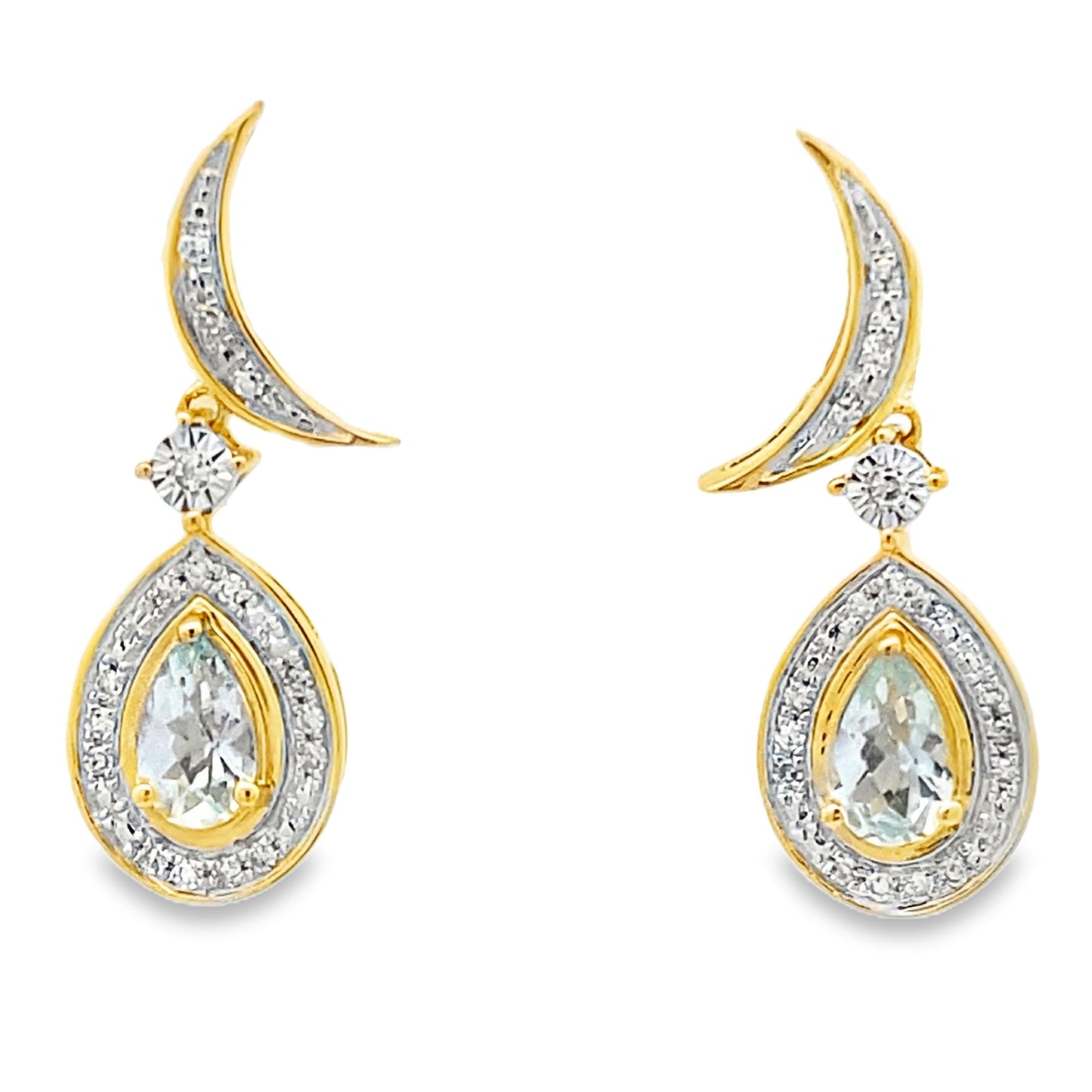 Pendientes colgantes de aguamarina y diamantes de oro amarillo de 10 quilates