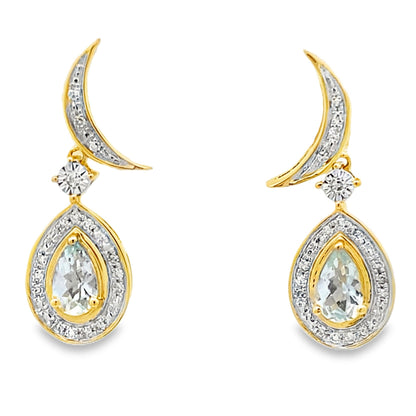 Pendientes colgantes de aguamarina y diamantes de oro amarillo de 10 quilates
