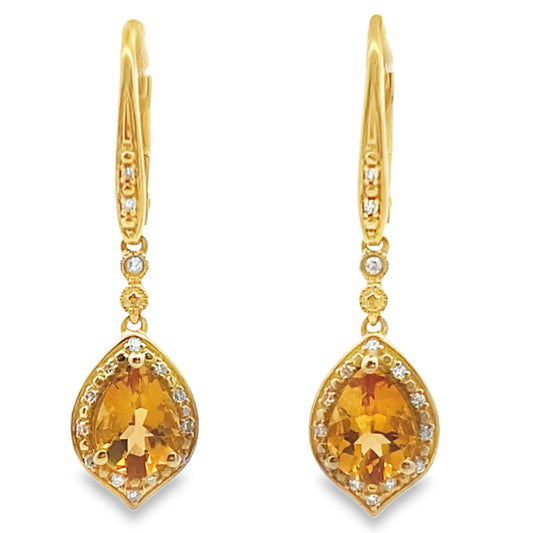 Pendientes colgantes de citrino y diamantes de 1,88 ct, oro amarillo de 10 kt