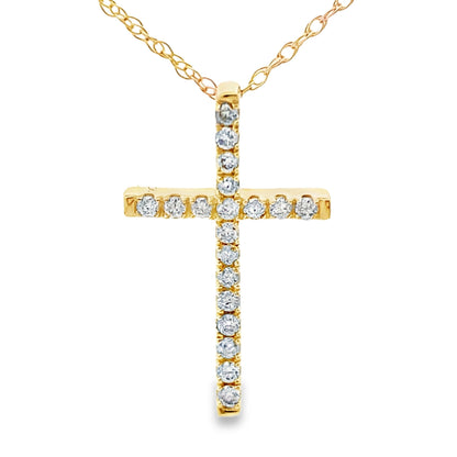 Colgante religioso de cruz con diamantes de .13 ct en oro amarillo de 14 K