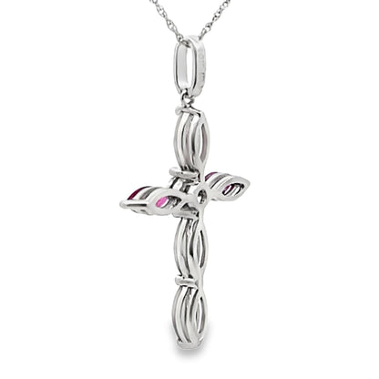Colgante religioso de cruz con rubíes y diamantes de oro blanco de 10 quilates