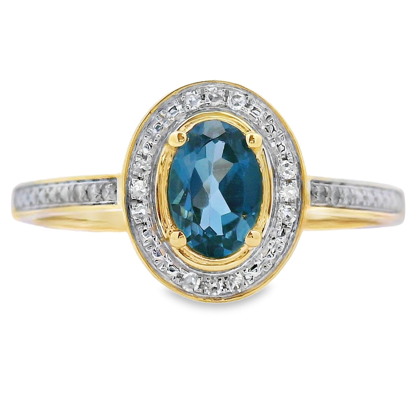 Anillo de topacio azul de Londres de 0,59 qt con diamantes en oro amarillo de 10 kt