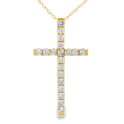 Colgante religioso de cruz con diamante de 0,50 ct en oro amarillo de 14 K