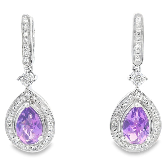 Pendientes colgantes de amatista y diamante de .88ct en oro blanco de 10 kt