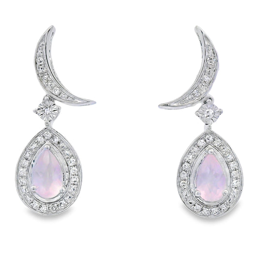Aretes Colgantes de Cuarzo Rosa y Oro Blanco de 10KT