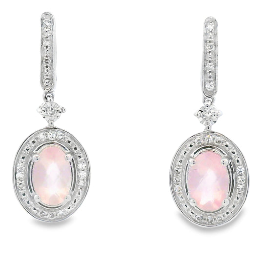 Aretes Colgantes de Cuarzo Rosa y Oro Blanco de 10KT