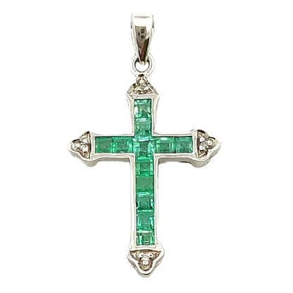 Colgante religioso de cruz con diamante esmeralda en oro blanco de 10 quilates