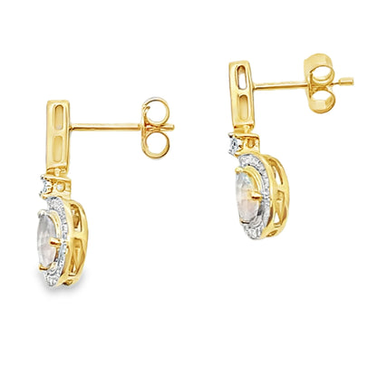 Pendientes Colgantes de Cuarzo Rosa y Diamantes Oro Amarillo de 10KT