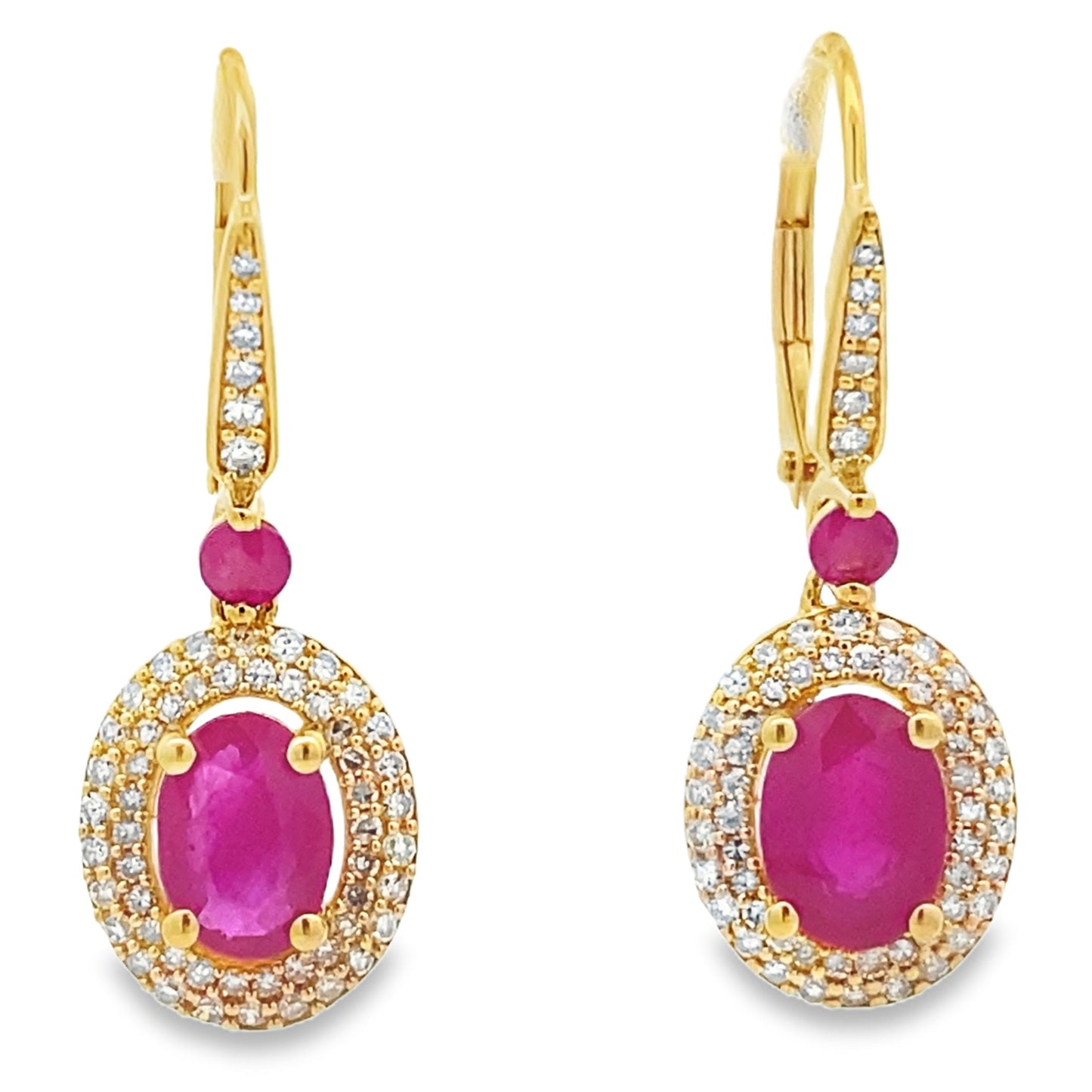 Pendientes colgantes de rubí y diamantes de 3,50 ct de oro amarillo de 10 kt