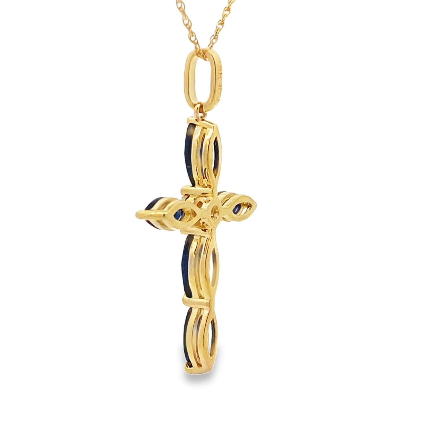 Colgante religioso de zafiro en cruz de oro amarillo de 10 quilates