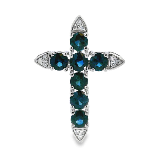 Colgante religioso de cruz con zafiro de 1,68 ct en oro blanco de 14 kt