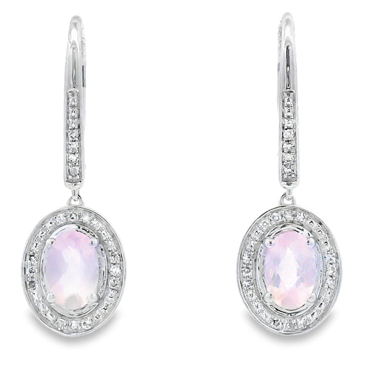 Aretes Colgantes de Cuarzo Rosa y Oro Blanco de 10KT