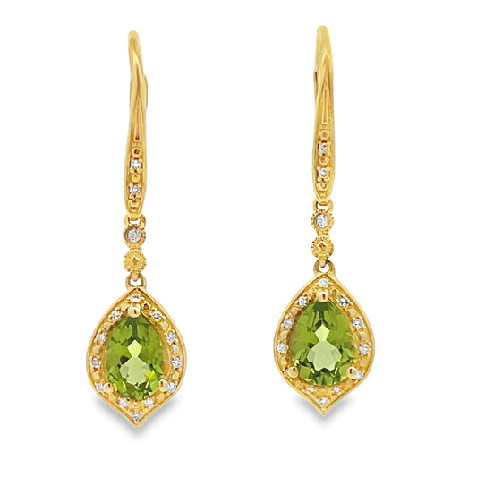 Pendientes colgantes de peridoto y diamante de 1,88 ct en oro amarillo de 10 qt
