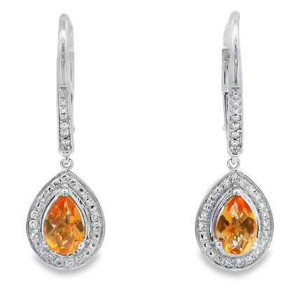 Pendientes colgantes de amatista y diamante de .88ct en oro blanco de 10 kt