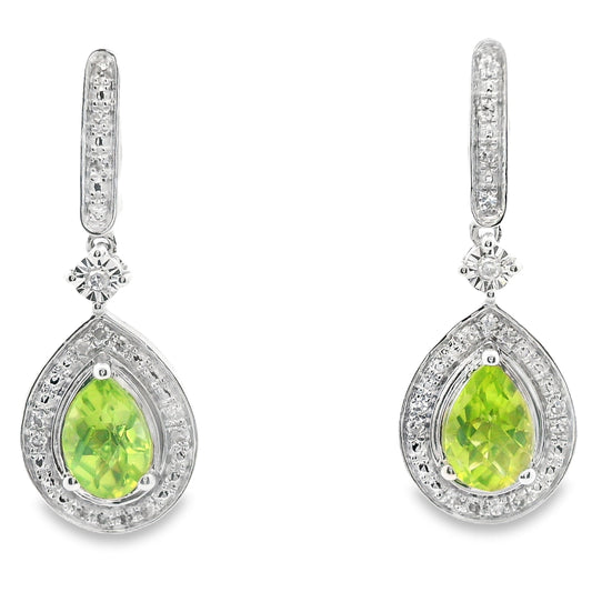 Pendientes Colgantes de Peridoto y Diamantes de .96ct en Oro Blanco de 10KT