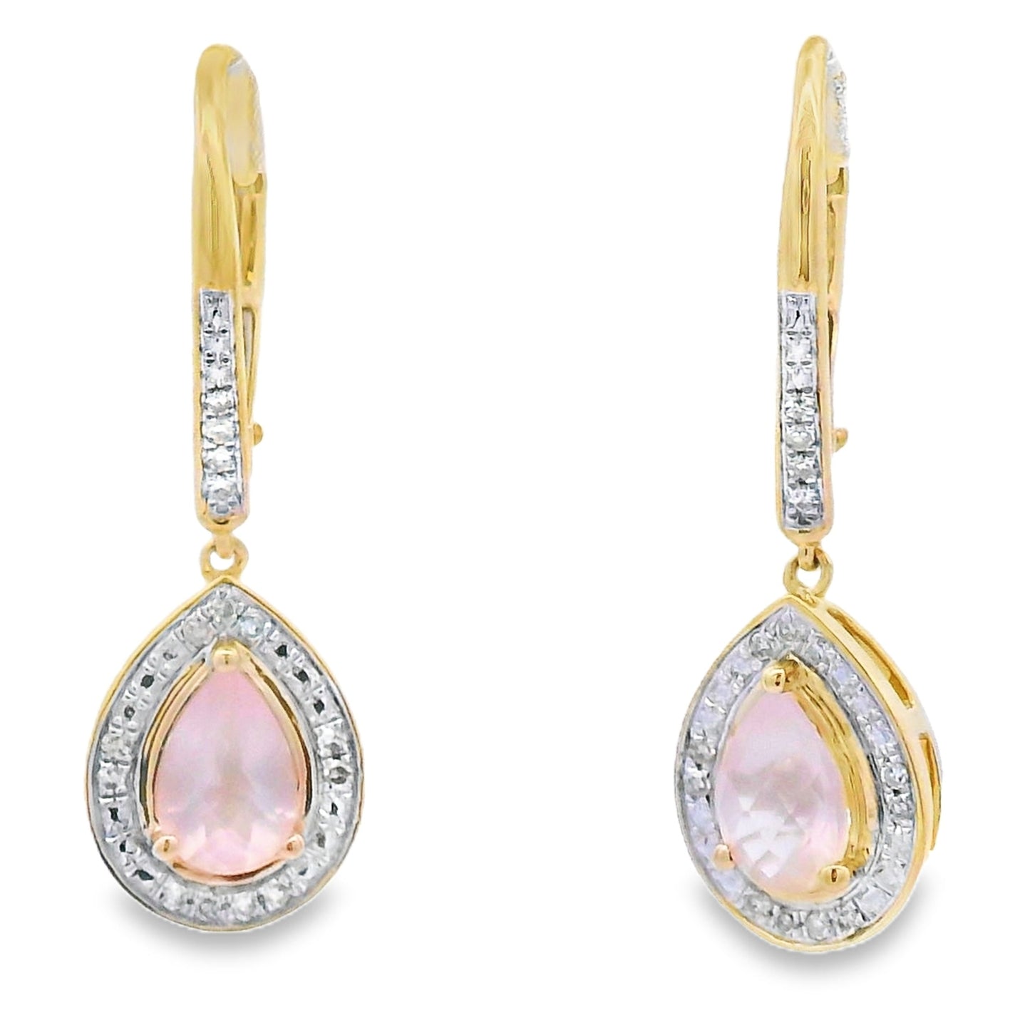 Pendientes Colgantes de Cuarzo Rosa y Diamantes Oro Amarillo de 10KT
