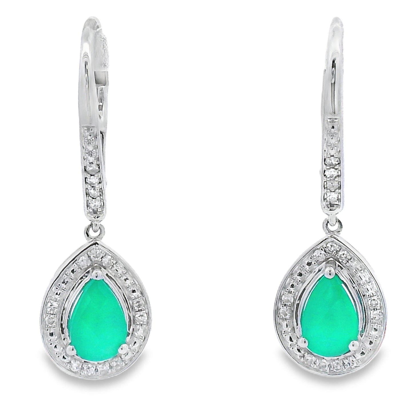 Pendientes colgantes de calcedonia y diamantes en oro blanco de 10 quilates