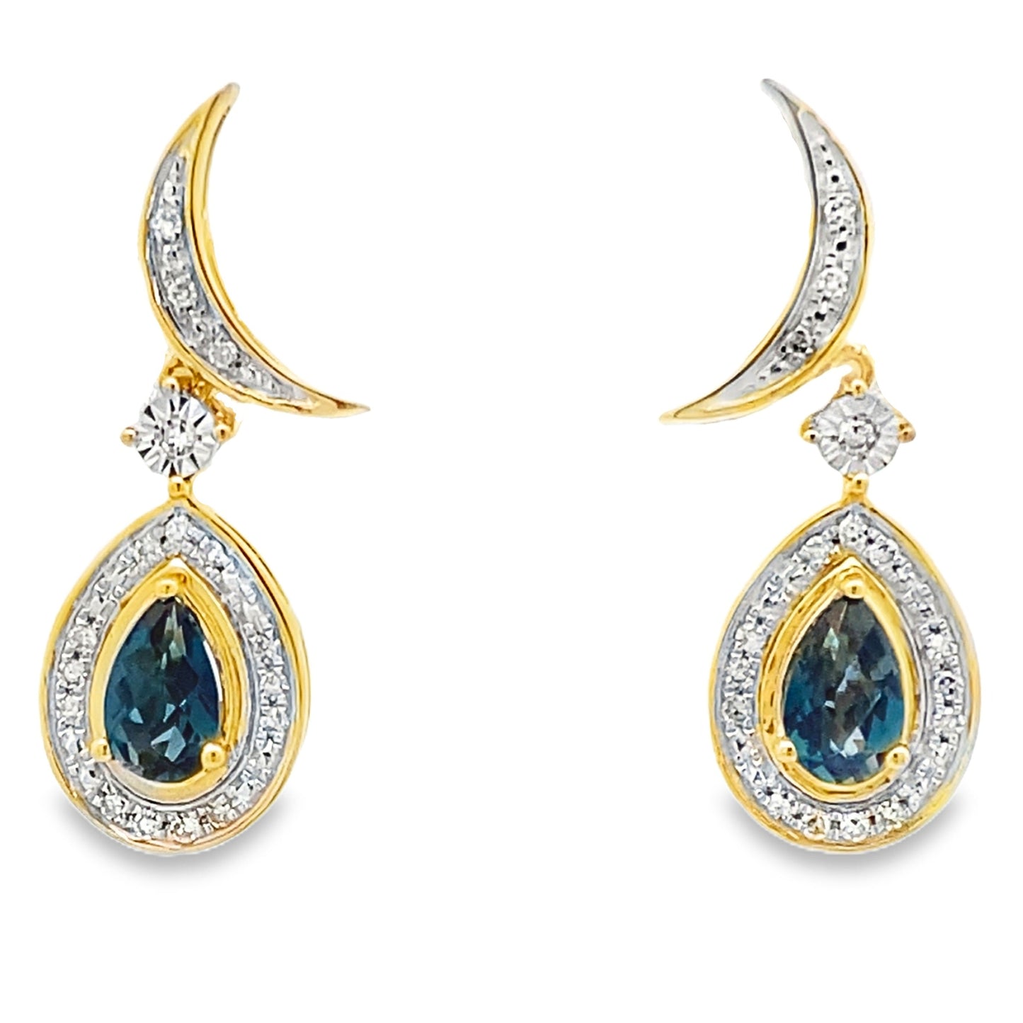 Pendientes colgantes de topacio azul de Londres de oro amarillo de 10 KT