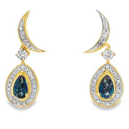 Pendientes colgantes de topacio azul de Londres de oro amarillo de 10 KT