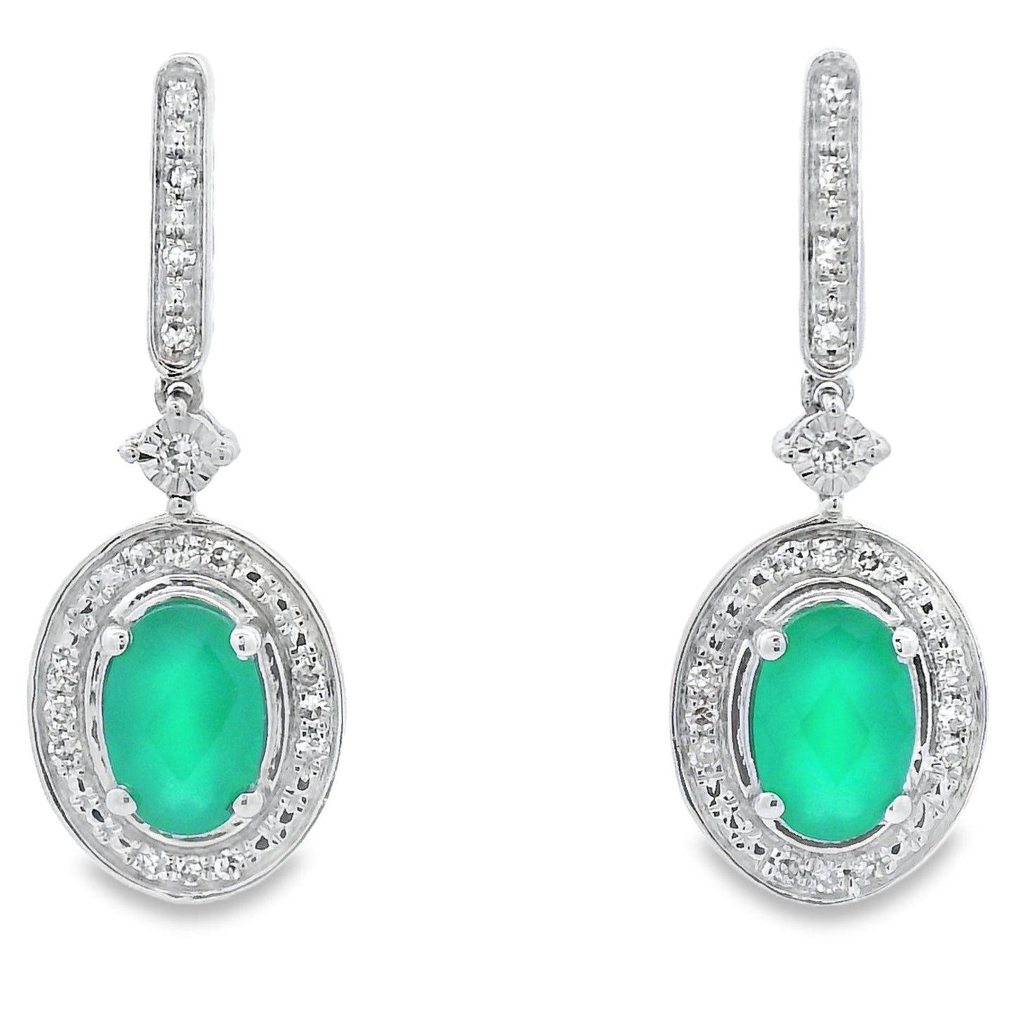 Pendientes colgantes de calcedonia y diamantes en oro blanco de 10 quilates
