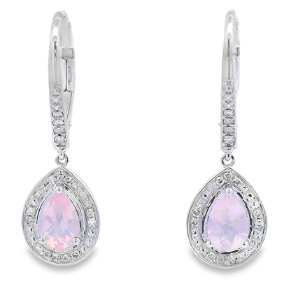Aretes Colgantes de Cuarzo Rosa y Oro Blanco de 10KT