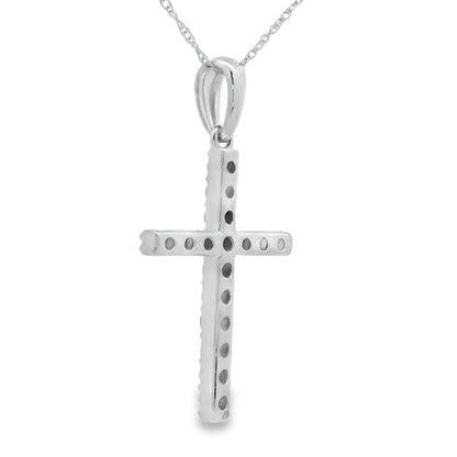 Colgante religioso de cruz con diamante de .45 ct en oro blanco de 14 kt