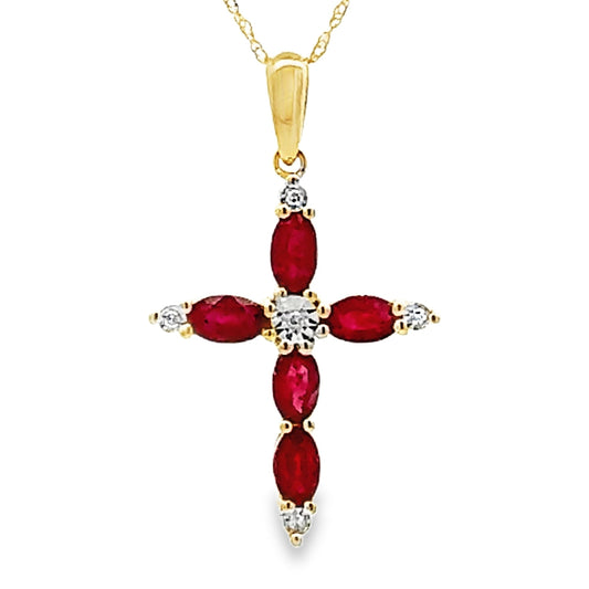Colgante religioso de cruz con rubí y diamante en oro amarillo de 10 quilates