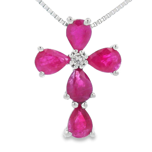 Colgante religioso de cruz con diamante rubí en oro blanco de 10 quilates