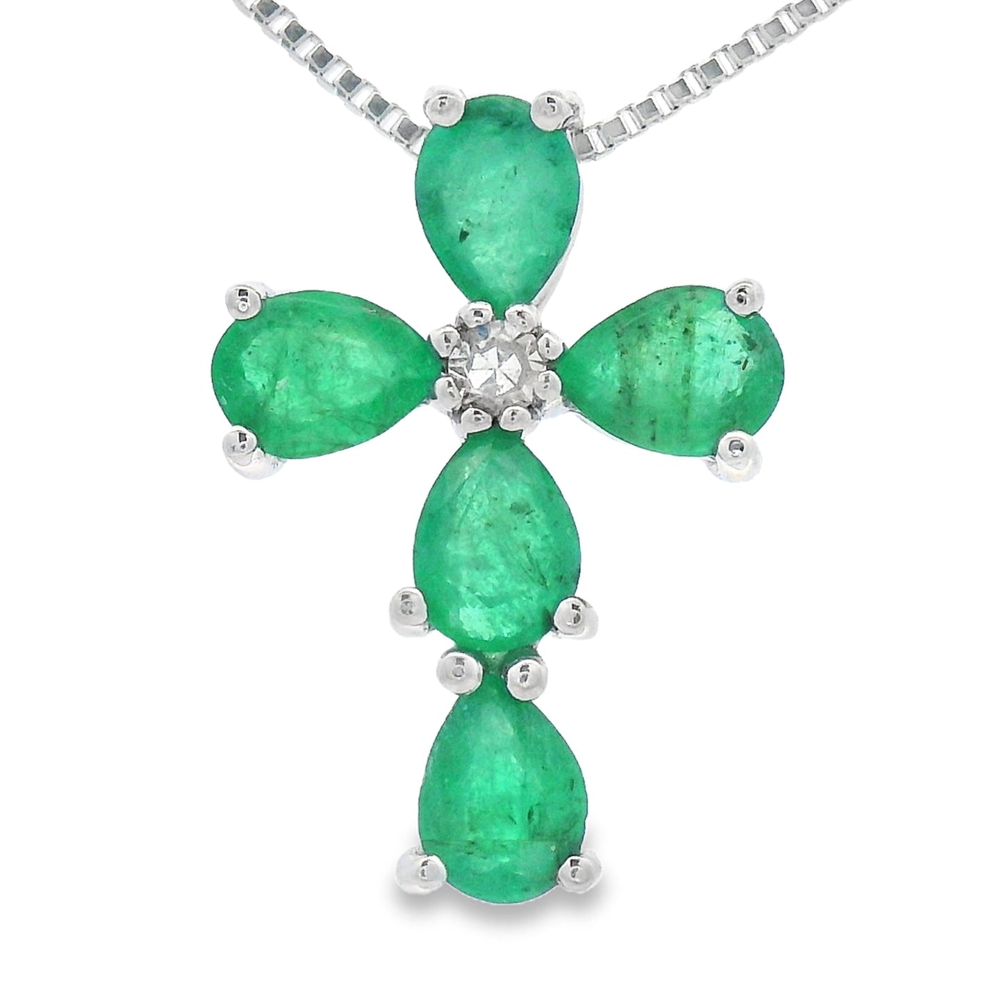 Colgante religioso de cruz con diamante esmeralda en oro blanco de 10 quilates
