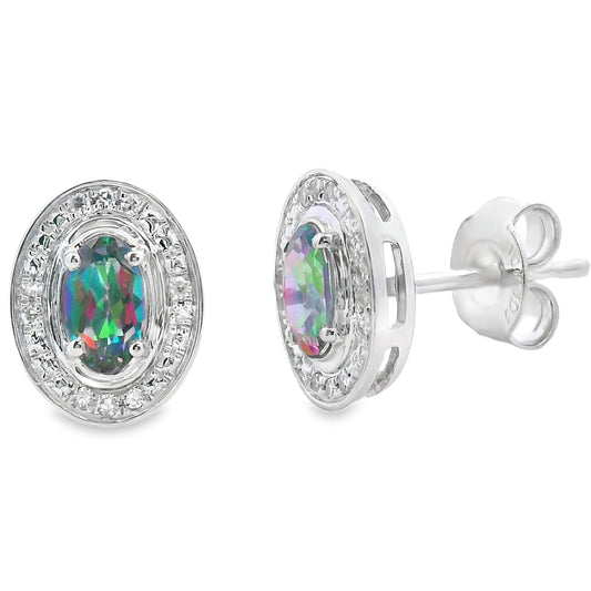 Pendientes de topacio místico de fuego con diamantes de oro blanco de 10 kt