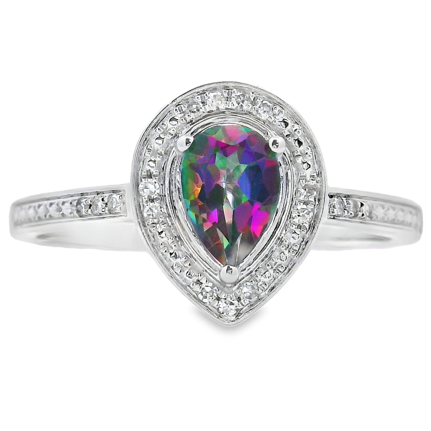 Anillo de oro blanco de 10 qt con topacio Mystic Fire de .50 ct y diamante