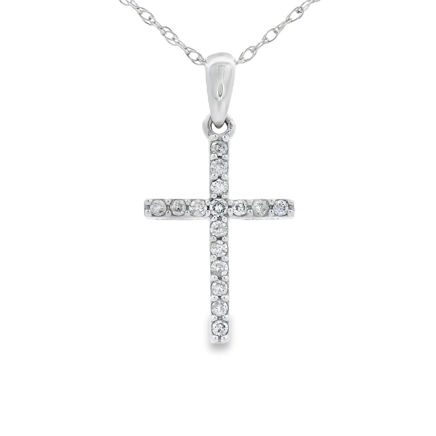 Colgante de cruz religiosa con diamante de .10 ct en oro blanco de 14 K
