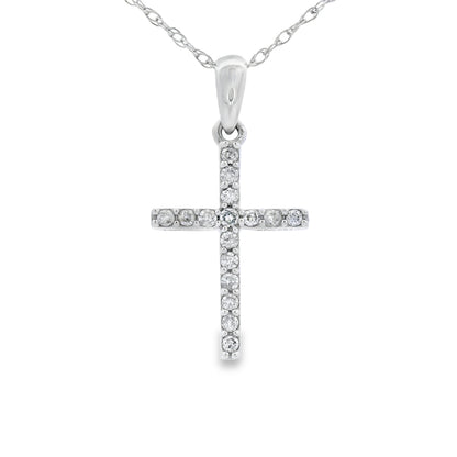 Colgante de cruz religiosa con diamante de .10 ct en oro blanco de 14 K