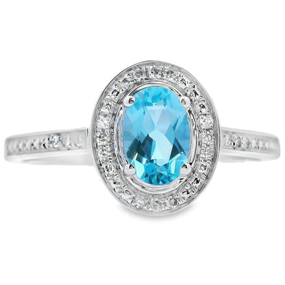 Anillo de Topacio Azul y Diamantes de 0,59 ct en Oro Blanco de 10 kt