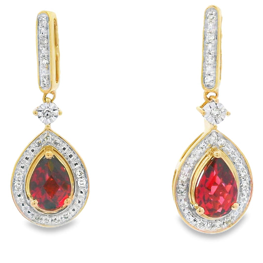 Pendientes colgantes de granate y diamante de 1,06 ct en oro amarillo de 10 KT