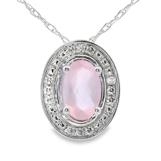 Colgantes de moda de cuarzo rosa y diamante, oro blanco de 10 quilates