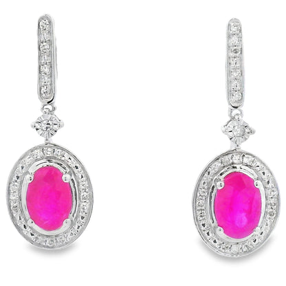 Pendientes colgantes de rubí y diamantes de 1,40 ct en oro blanco de 10 kt