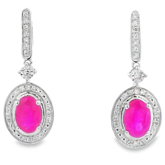 Pendientes colgantes de rubí y diamantes de 1,40 ct en oro blanco de 10 kt