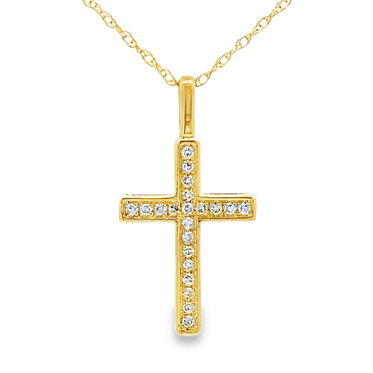 Colgante de cruz religiosa con diamante de 0,08 ct en oro amarillo de 14 K