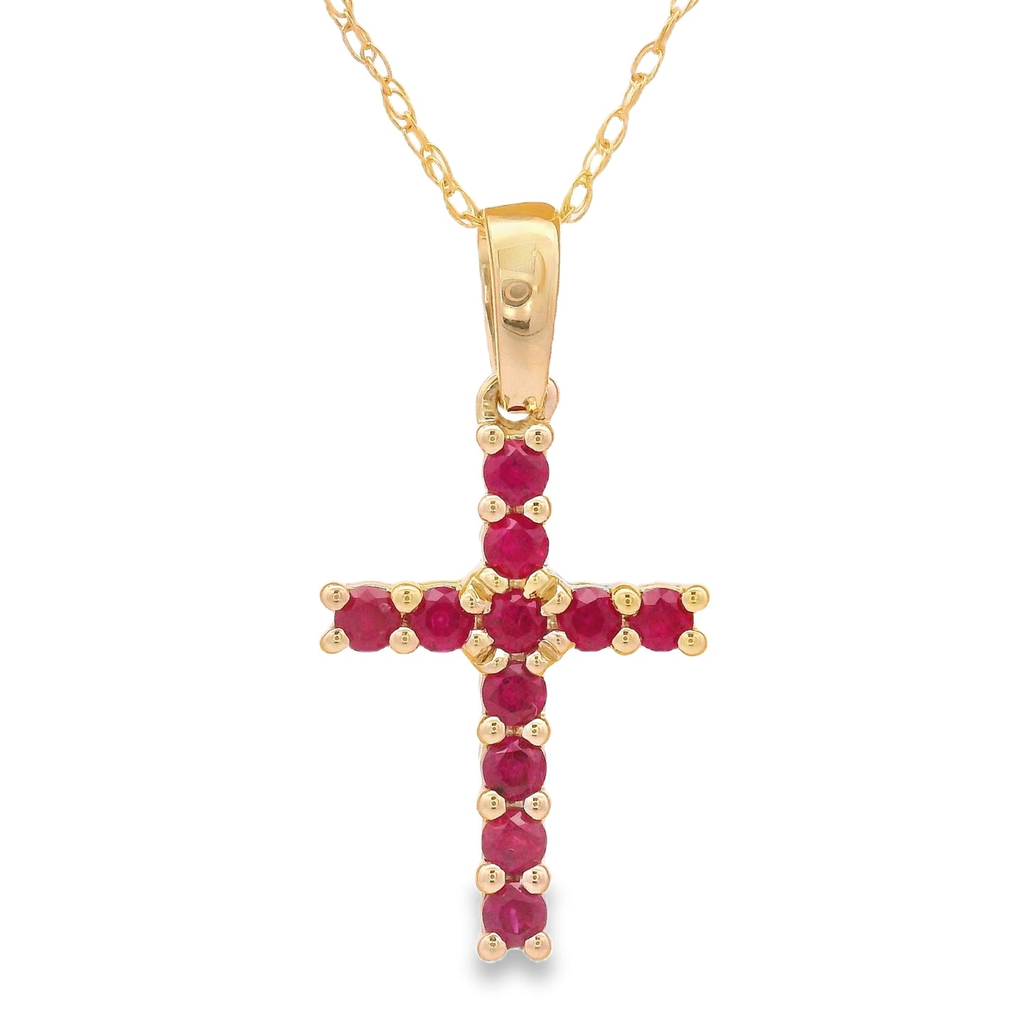 Colgante religioso de cruz con rubí de 0.29ct en oro amarillo de 14KT